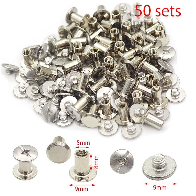 WOSHIMT 50Sets Silver Carbon Steel Chicago Screws Leather Rivets Assorted