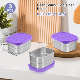 TeamFar 3 PCS Stainless Steel Snack Containers for Kids, 8oz /230ml Food Container with Easy Open Leakproof Silicone Lid, Metal Small Toddler Lunch Box for Daycare School, Healthy & Portable, Purple