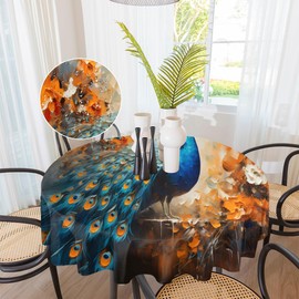 POFATO Peacock Art Flowers Round Tablecloth 48 Inch Circle Table Cloth Waterproof Stain Resistance Table Cloth Round Cover for Dining Kitchen Party Holiday Decor Indoor and Outdoor