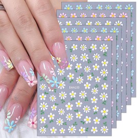 6 Sheets Daisy Nail Stickers for Nail Art Pink Blue White Flower Nail Art Stickers 3D Self-Adhesive Green Leaf Nail Decoration Spring Summer Floral Nail Decals for Women Girls DIY Nail Designs