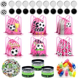Soccer Party Favors, Soccer Goodie Bags with Silicone Bracelets, LED Finger Lights Keychains Stickers Gift Bags for Soccer Themed Birthday Party Favors Supplies 98 Pcs