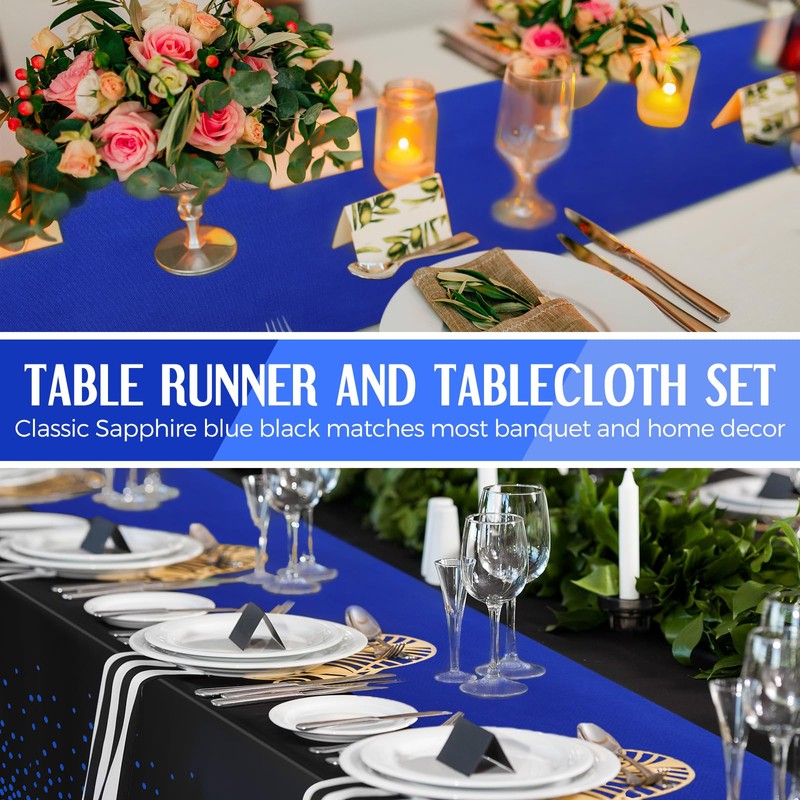 16 Pack Black and Blue Tablecloths and Satin Runners Set