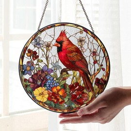Red Cardinal Glass Suncatcher - Cardinal Window Hanging Ornament - Type: 2, Size: 6 Inches