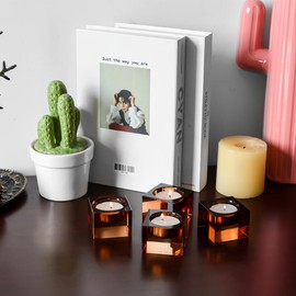 DONOUCLS Home Crystal Tealight Candle Holders Pack of 4, 1.5 Inches Height, Heavy Solid Square Hand Cut Tealight Holders Sets, Centerpiece for Home Decor(Brown)