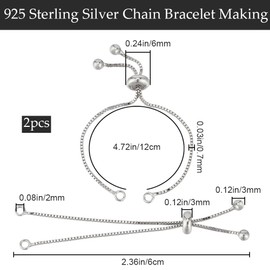 Beebeecraft 1 Box 2Pcs Chain Bracelet Making 925 Sterling Silver 12cm Slider Adjustable Bracelets Platinum Color Slider Extender Chains for Jewellery Making DIY Findings