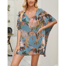 Chunoy Womens Chiffon Tunic Top V Neck Beach Blouse for Summer Casual Loose Cover Up