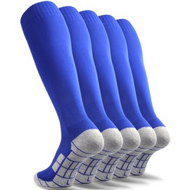 CWVLC Youth Soccer Socks 5 Pairs Girls Boys Softball Sport Team Athletic Knee High Long Tube Cotton Compression Baseball Socks Blue Medium (5Y-7Y Youth/6-10 Women)