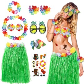 9 Pcs Hawaiian Hula Grass Skirt Set, Hawaiian Fancy Dress with Leis Grass Skirt Garland Flower Necklace Pineapple Sunglasses for Adult Kids Summer Beach Tropical Luau Party Decoration (Green)