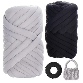 Jiavlyx Pack of 2 Thick Wool Yarn, 500 g Bulky Hand Knitting Yarn, 25 mm Coarse Icelandic Wool, Hand Knitting Yarn, Bulky Textile Yarn, for Bags, Pet Nests, DIY Crafts (Black + Grey)