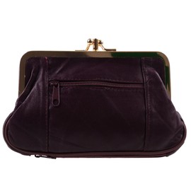 Oakridge Leather Ladies Double Clasp Coin Purse with Space for Credit Card -Black Cherry