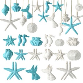 Fangoo 32 Stück Sommer Strand Thema Ornamente Harz Weihnachtsbaum Ornamente Seestern Seepferdchen Meerjungfrau Schwanz Sand Dollar Form Charms für Strand Geburtstag Party Badezimmer