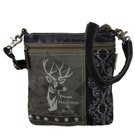 Domelo Damen Trachtentasche. Kleine Trachten Canvas Tasche mit Hirsch Motiv. Vintage Stil Oktoberfest Umhängetasche. Grau Schwarze Crossbody Bag