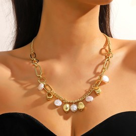 Gold Charm Necklaces for Women Pearl Choker Necklace Pendant Necklace Boho Charm Necklaces Beach Necklace Jewelry for Women Summer Jewelry Waterproof(A:Multiple pendants)