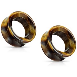 Pierced Owl - Tiger Eye Stone Double Flared Saddle Tunnels, Sold as a Pair, Stone, no gemstone