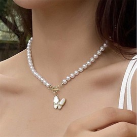 Cimenexe Bohemian Pearl Butterfly Choker Necklace White Enamel Butterfly Pendant Necklace Gold Pearl T Bar Collar Necklace Crystal Butterfly Pearl Chain Necklace Jewelry for Women