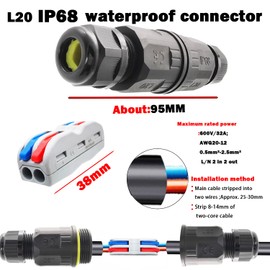 IP68 Waterproof Coupler, CTRICALVER Quick Cable Clamp Terminal Block (AWG20-12 L/N 2 in 2 out) Plug-in Wire Connector, Waterproof Junction Box 2 Pack for Outdoor Connection Wiring Cable Diameter Ø6 to