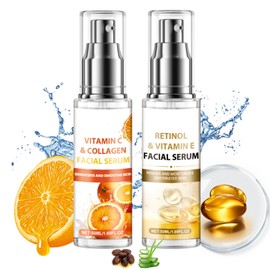 Vitamin C & Vitamin E Serum Facial Set, Morning C and Night E Skincare Gift Set, Anti-Wrinkle Tighten Skincare Set with Vitamin C & Collagen Serum (Day Use), Retinol & Vitamin E Serum(Night Use)