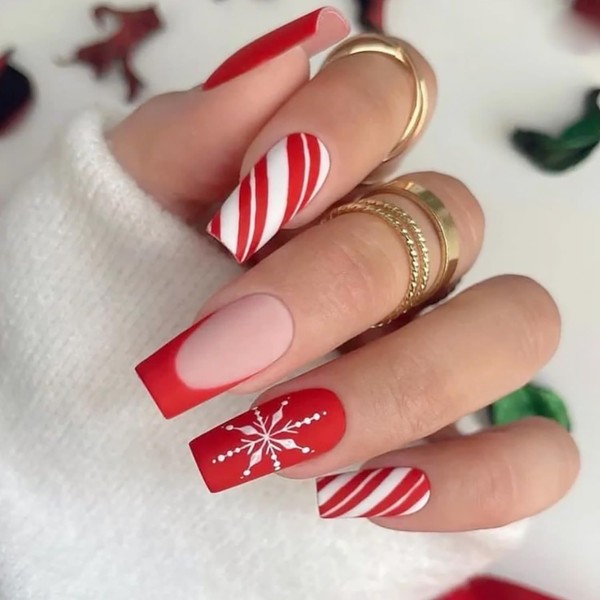 French Tip Press on Nails Medium Christmas Square Fake Nails