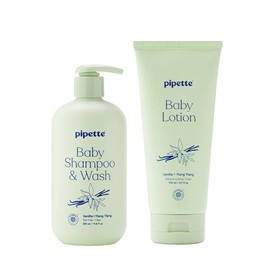 Pipette- Elementos esenciales calmantes que no provocan lágrimas: el champú + gel de baño y loción para bebés con vainilla e ylang ylang más vendidos de Pipette están formulados con ingredientes limpi