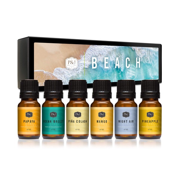P&J Fragrance Oil Beach Set | Ocean Breeze, Papaya, Pina Colada, Mango, Pineapple, and Night Air Candle Scents for Candle Making, Freshie Scents, Soap Making Supplies, Diffuser Oil Scents