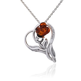 AMBEDORA Women's Necklace Heart with Rose, Oxidized Sterling Silver, Hand-carved Rose in Baltic Amber, Silver Pendant on Chain with Engraving