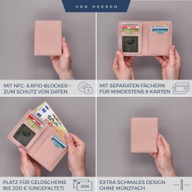 VON HEESEN® Men's Leather Wallet with Coin Compartment and RFID Protection, Genuine Leather Wallet for Men and Women, Wallet, rose, Without coin compartment