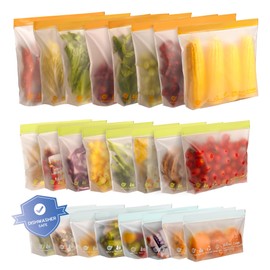 24 Pack Reusable Food Storage Bags,Leakproof Freezer Bags BPA Free Stand Up Sandwich Bags for Lunch Salad Fruit Travel,Dishwasher Safe(8 Gallon,8 Sandwich,8 Snack)
