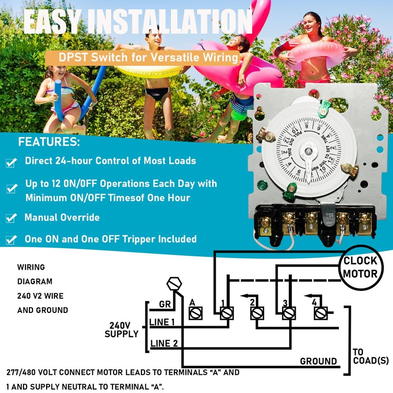 T104M Pool Pump Timer, 208-277V 40A DPST Switch, 24-Hour Mechanical