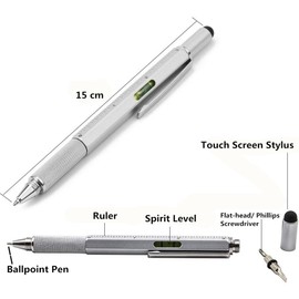 Multifunction Tech-Tool Pen with Ink Refills - 6 in 1 Tool with Ballpoint Pen, Touch Screen Stylus, Ruler, Spirit Level, Flat-head and Phillips Screwdriver (Silver + 2Refills)