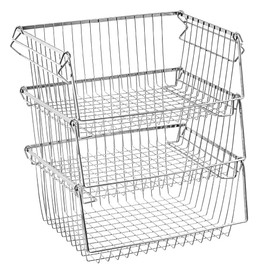 SANNO Stacking Baskets Bin Baskets Wire Storage Baskets Organization Farmhouse Scoop Baksket for Pantry, Kitchen, Closets, Bathroom, Cabinets, Kitchen, Set of 3