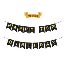 HAPPY 70TH BIRTHDAY Banner, Pre-Strung, Black Gold 70th Birthday Party Decorations, Happy 70 Year Old Bdy Party Banner, Seventy Birthday Banner