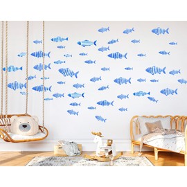 Blue Watercolor Fish Wall Decals – 80 PCS Pastel Ocean Stickers in 3"–7", Peel and Stick Reusable Fabric for Nursery & Kids Room – 8 A4 Sheets – PVC-Free – Made in Australia