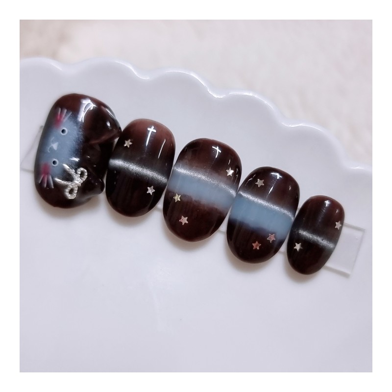 Brown Sky Cat Handmade Nail Tips - Medium Oval /