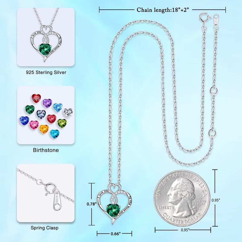 Forever Love Heart Pendant Necklace, 925 Sterling Silver Heart Birthstone