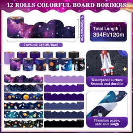 Qilery 12 Rolls 394 ft Classroom Border for Bulletin Board Sets, Space Planet Combination Bulletin Board Border for Summer Back to School Classroom Office Chalkboard Whiteboard Poster Decor