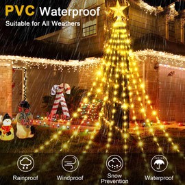 Christmas Tree Lights Waterfall, 9 Pieces 2 m 198 LEDs Solar Christmas Star Topper Light with Remote Control, 8 Modes Christmas Decoration Star Light Waterproof for Christmas