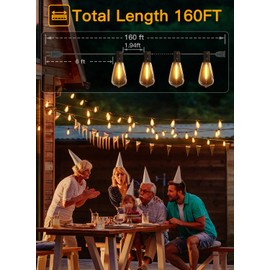 Ollny Outdoor String Lights 160FT, Shatterproof Connectable Patio Lights with 80+4 Spare ST38 Vintage Bulbs, 2200K Warm White Waterproof Outside Hanging Lights for Yard Camping Gazebo Porch Balcony
