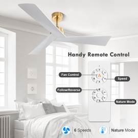 WINGBO 52" DC Ceiling Fan without Lights, Brass and White Ceiling Fan with Remote, 3 ABS Plastic Blades, 6 Speed Reversible DC Motor, Ceiling Fan No Light for Kitchen Bedroom Living Room
