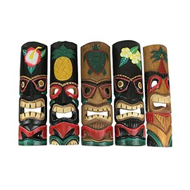 Set of 5 Colorful Tropical Polynesian Style Wooden Tiki Wall Masks 20 Inch