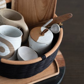 Bloomingville Stoneware Canister with Leather Loop Food Storage, 3" L x 3" W x 4" H, Brown & Cream