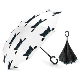 Xmkltbz Manual Large Inverted Rain Umbrella, Manual Open/Close Reverse Car Umbrella Sun Protect UV Winds Rain Compact Parasol Print Black Cat Face Peeking Hides and Peeps on White