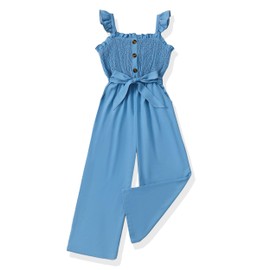 Clothes for Girl 10-12 Girls Jumpsuit Kids Fashion Preppy Ruffle Sleeveless Wide Leg Belted One-Piece Romper Smocked Summer Outfits with Pockets Denim Blue