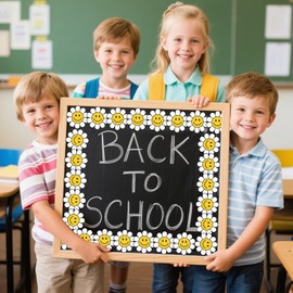 VABAMNA Retro Bulletin Board Border Decorations for Classroom, 72ft Daisy Smiley Face Bulletin Board Borders Scalloped for Back to School Classroom Door Wall Chalkboard Decals, 2 Rolls