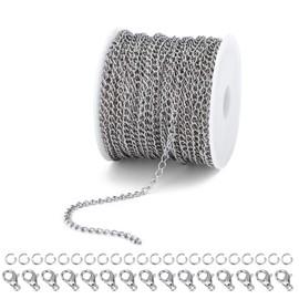 ALEXCRAFT 33 Feet Chains Craft Link Chain Stainless Steel Cable Chain Silver Necklaces with 20 Lobster Clasps and 50 Jump Rings for DIY Jewellery Making, Silver (2.5 mm)