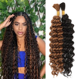 Human Braiding Hair Mix Synthetic Boho Hair for Braiding, 18 Inch Wet and Wavy 2 Pcs Deep Wave Bulk for Curly Bohemian Hair Extensions (P4/30, 18 Inch)