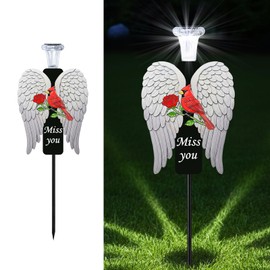 VKEVOC 20-Inch Solar Angel Wings Memorial Stake with Red Cardinal - Metal Cemetery Decorations for Grave, Father's Day Sympathy Gift for Loss of Father Dad Mom(Angel Wings)