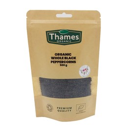 Organic Whole Black Peppercorns-Certified Organic, Non-GMO, Vegan, No Additives, No Preservatives, Resealable Bag by Thames Organic 500g