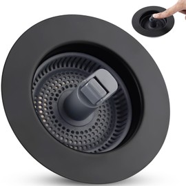 3 in 1 Black Kitchen Sink Strainer Stopper Combo Pop Up Matteblack Kitchen Sink Stopper with Stainless Steel Shell for US Standard 3-1/2 inch Drain Filter, Anti-Clog