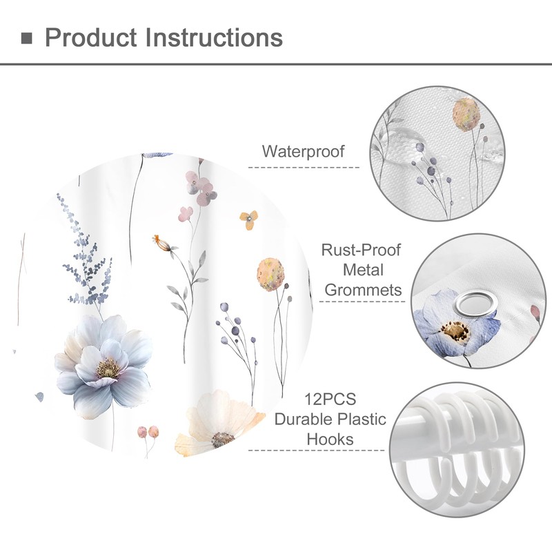 Omifly Watercolor Floral Shower Curtain,Spring Blue Beige Flower Print Bathroom