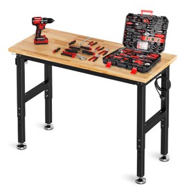 TLGREEN 48" Adjustable Work Bench with Power Outlet, Rubber Wood Top Work Table, Heavy Duty Work Bench, 2000 LBS Capacity, Workbench with Pegboard, Hooks, Garage Workbench for Workshop,Home,Office